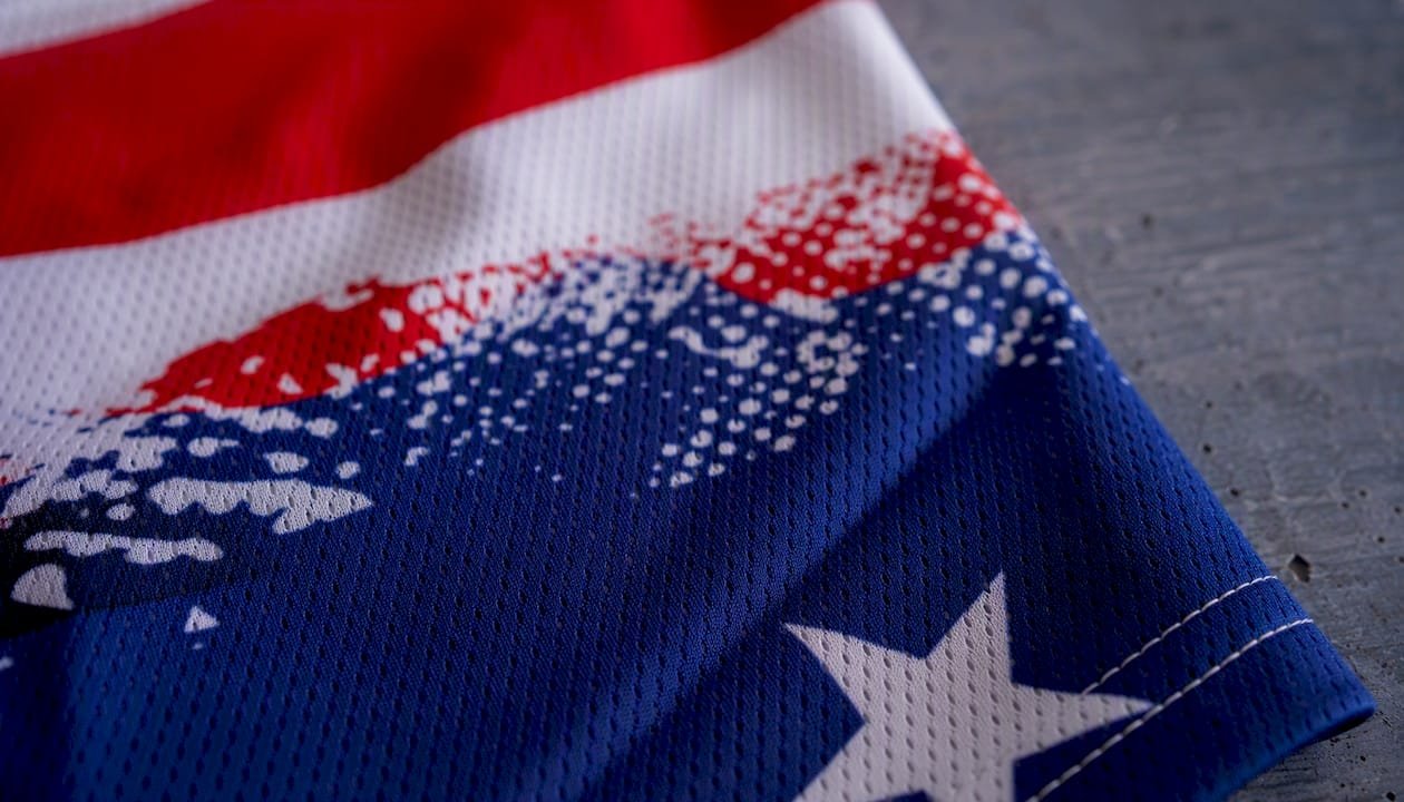 Close-up of patriotic performance tee fabric