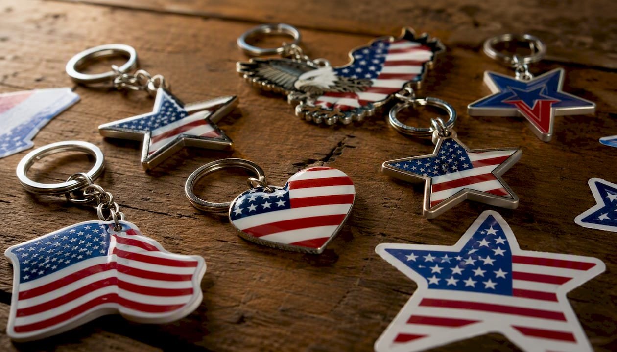 Patriotic keychains and stickers close-up