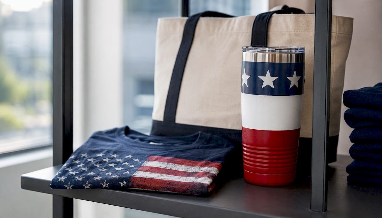 Patriotic promotional items arranged on table