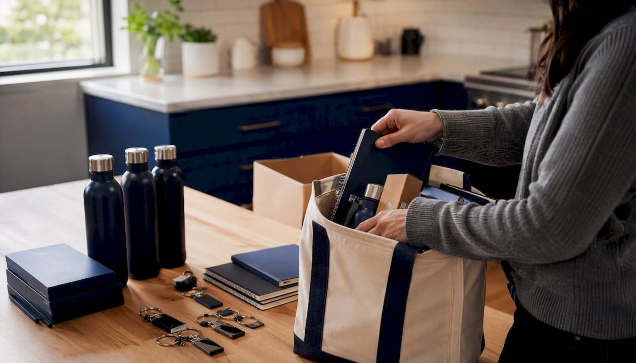 Hands packing corporate promotional products