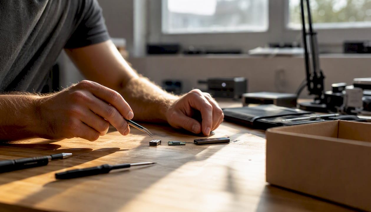 Disassembled custom USB drive parts on workbench