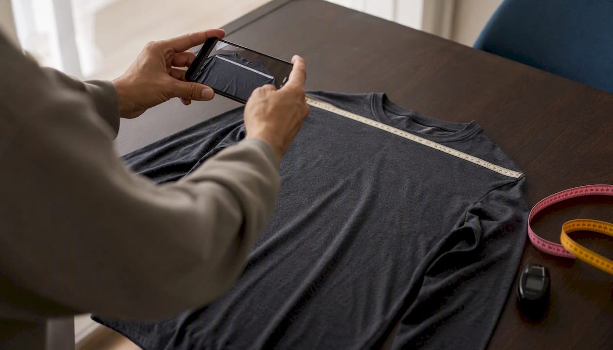 Hands photographing flat-laid shirt with measuring tape