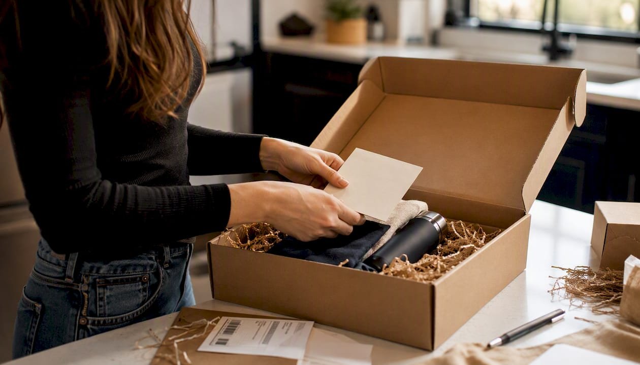 Hands packing influencer gifting box