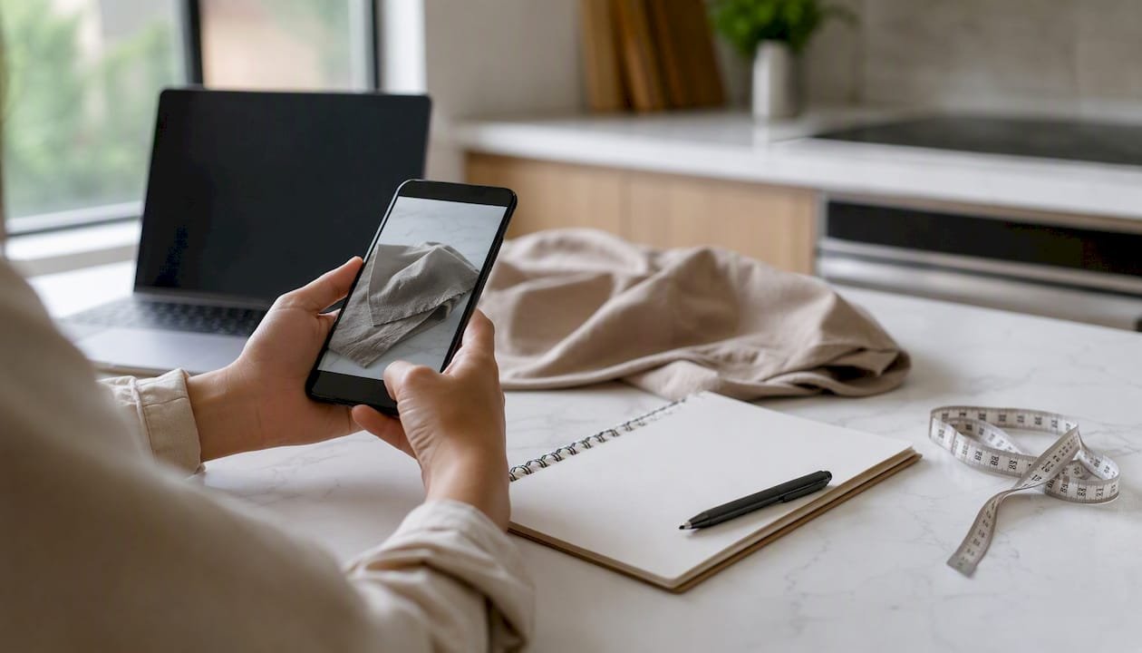 Hands holding smartphone with garment sample photo