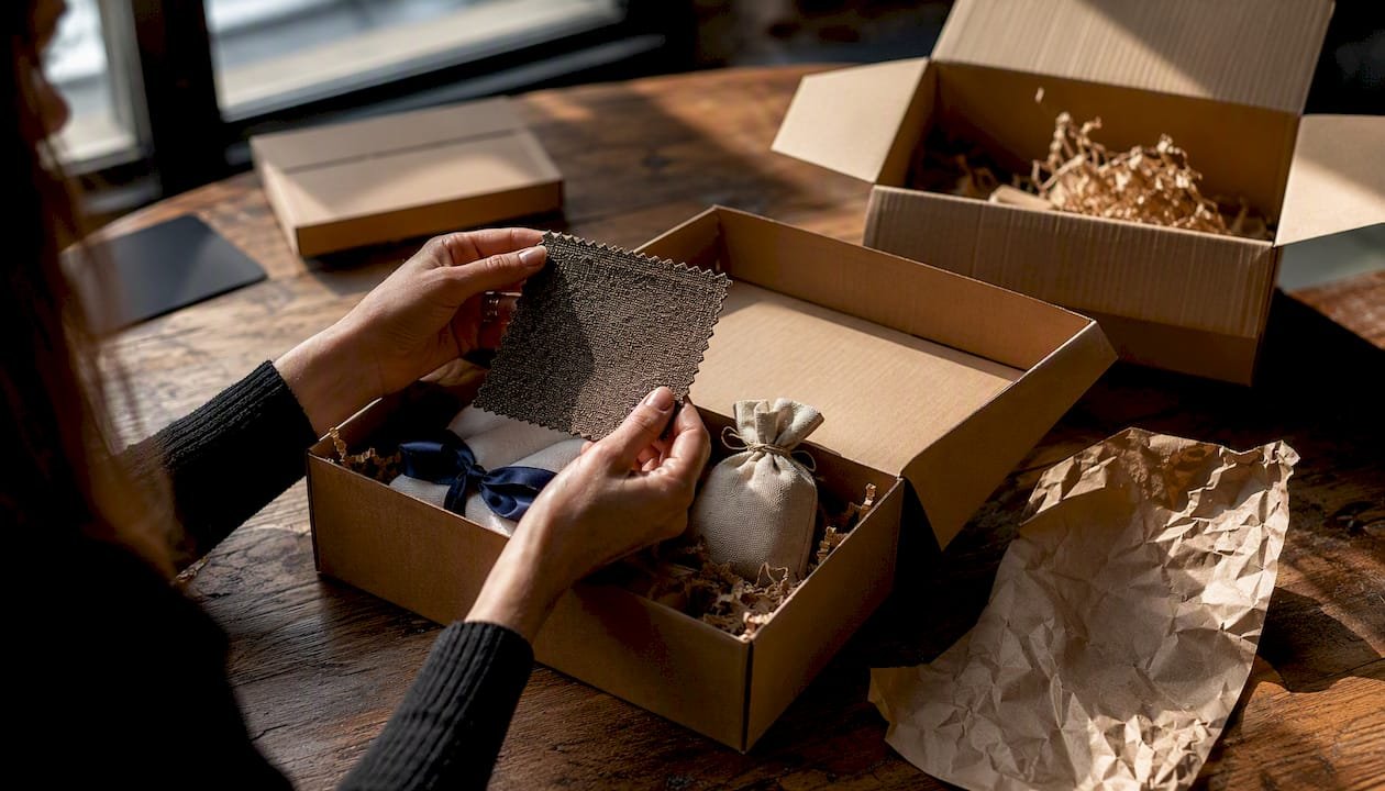 Close-up of hands unboxing tactile swag kit