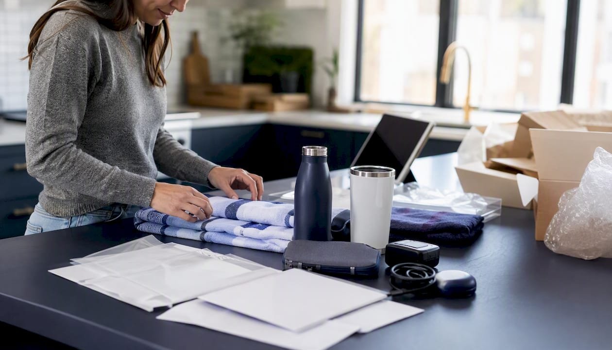 Hands arranging promotional products on table