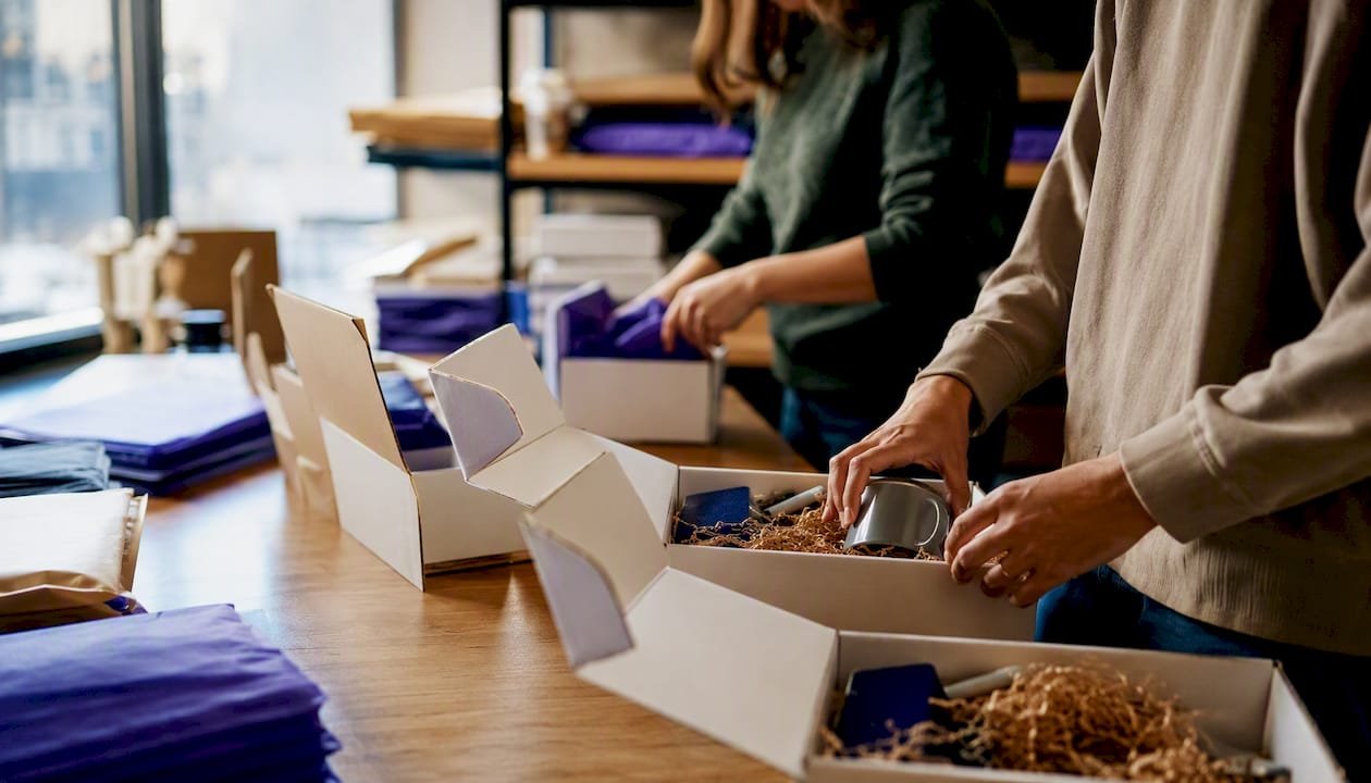 Hands assembling onboarding kits at workbench
