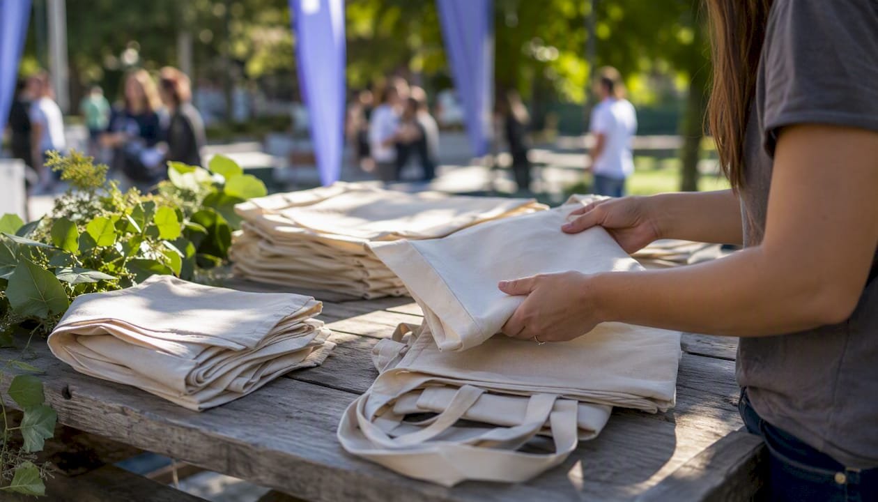 Hands folding canvas tote bag at recruitment fair