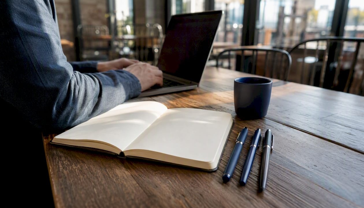 Branded notebook and pen set on office desk