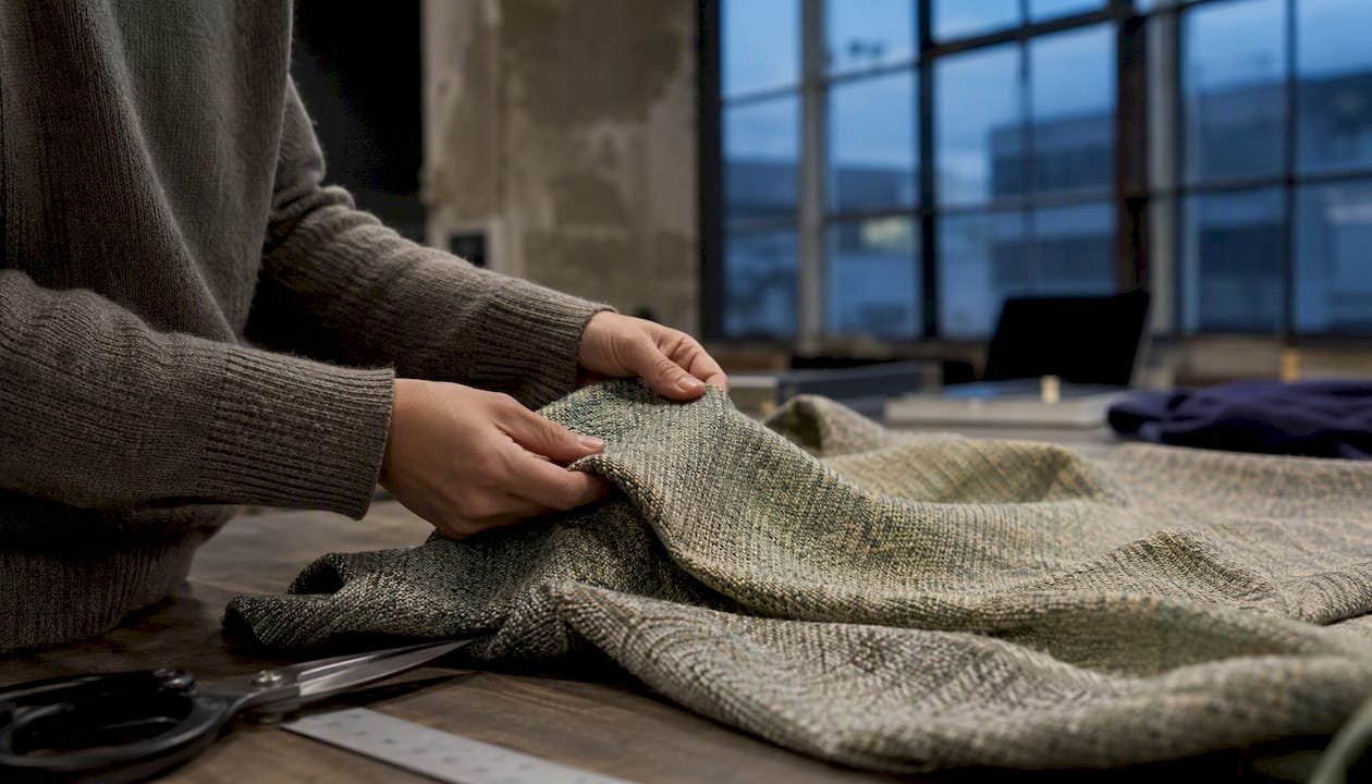 Hands holding recycled polyester fabric