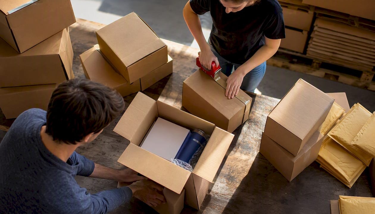 Hands taping and stacking shipment boxes