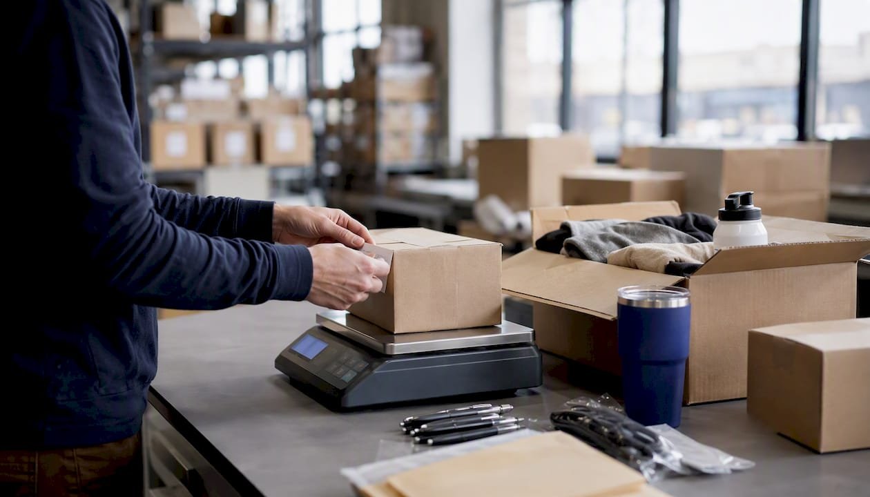 Hands packing bulk promotional product boxes