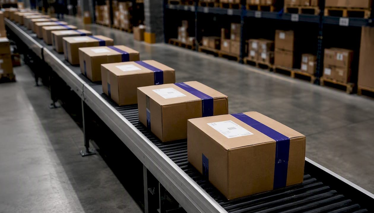 Labeled swag packages lined up for shipment
