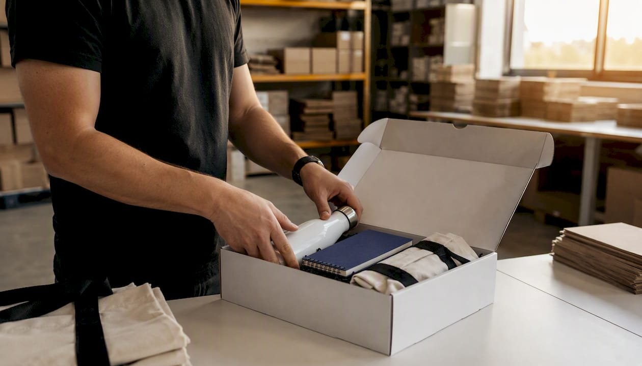 Hands packing swag items into box at fulfillment center