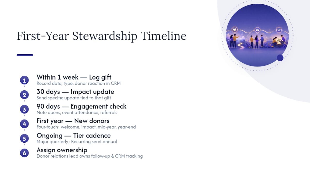 Donor stewardship timeline and touchpoints
