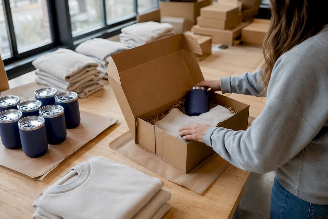 Hands assembling promotional product kits