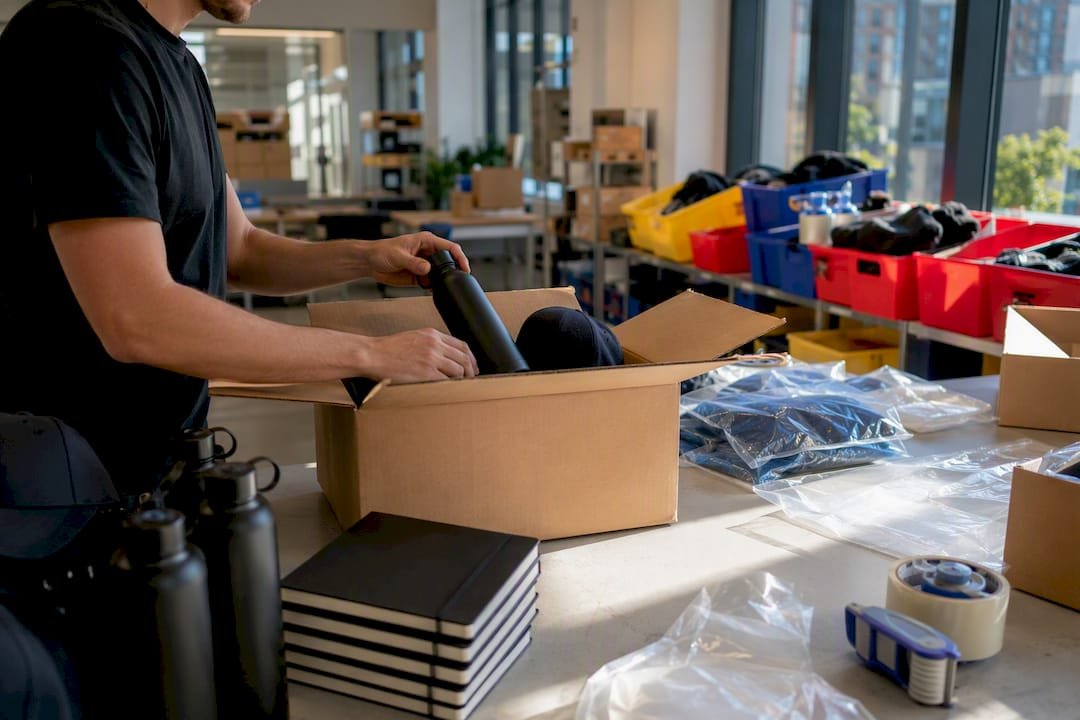 Hands packing promotional swag into shipping boxes