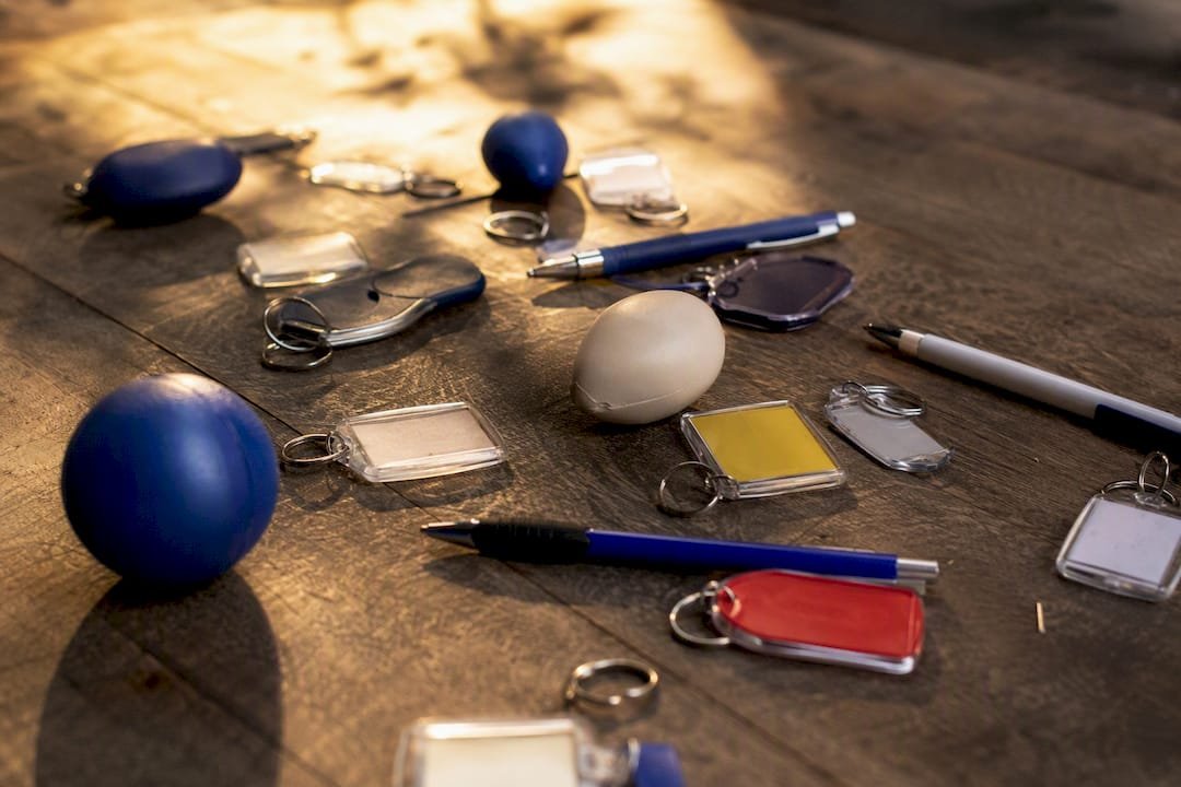 Discarded generic promotional items on table