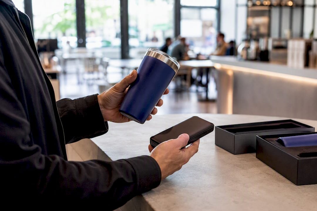Hands selecting speaker gifts on table
