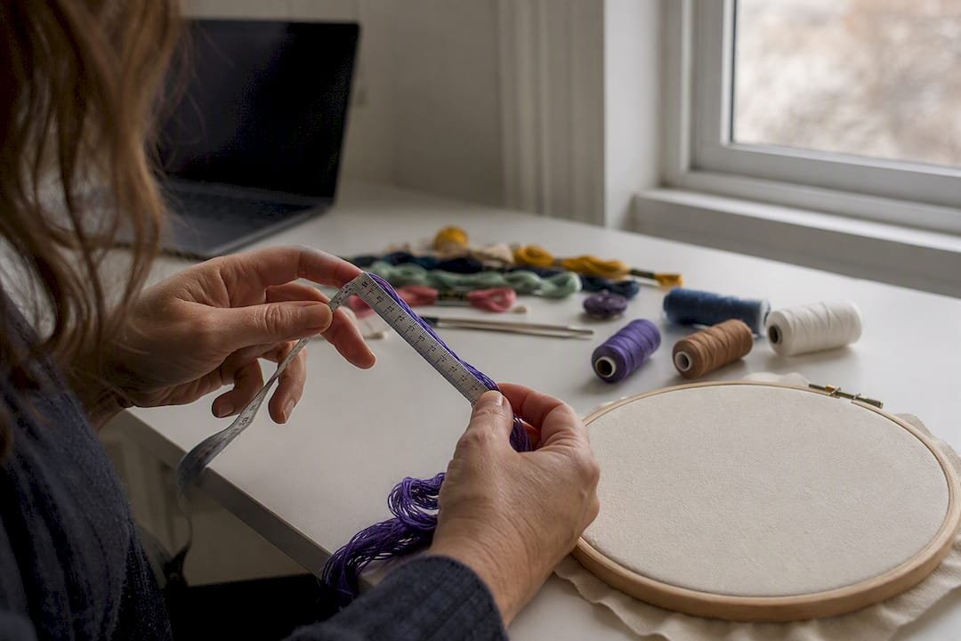 Hands near tablet and embroidery tools on desk