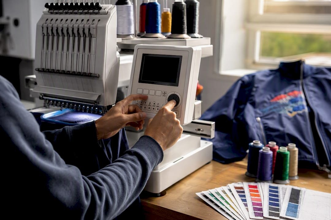 Hands adjusting embroidery machine settings