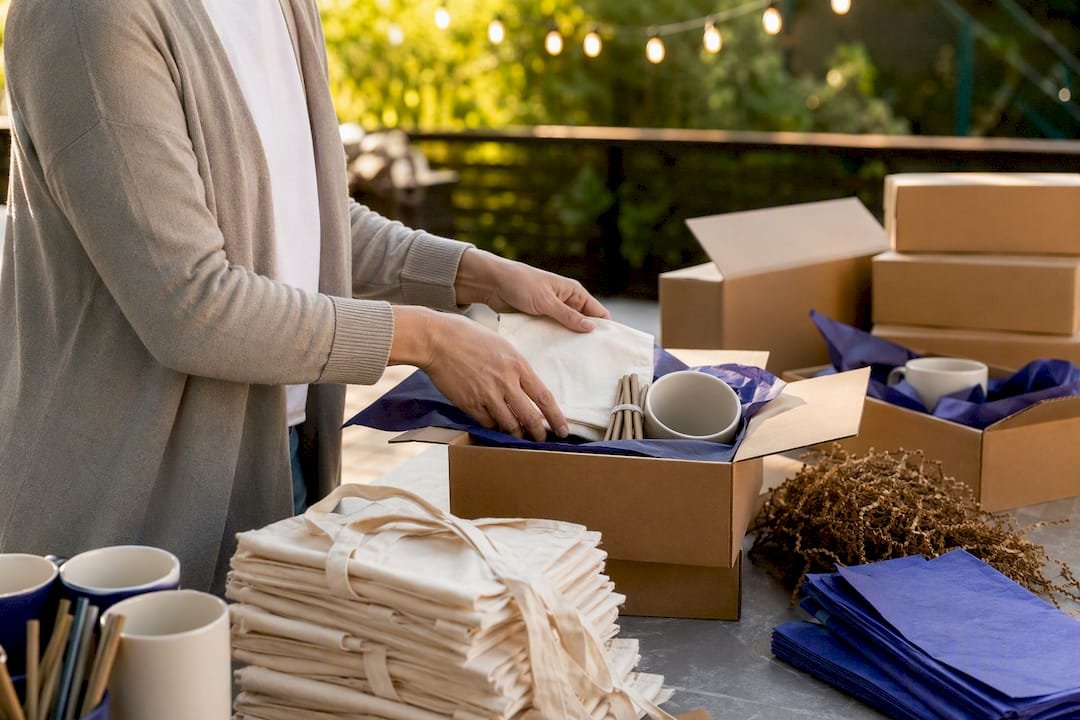 Hands packing event swag boxes