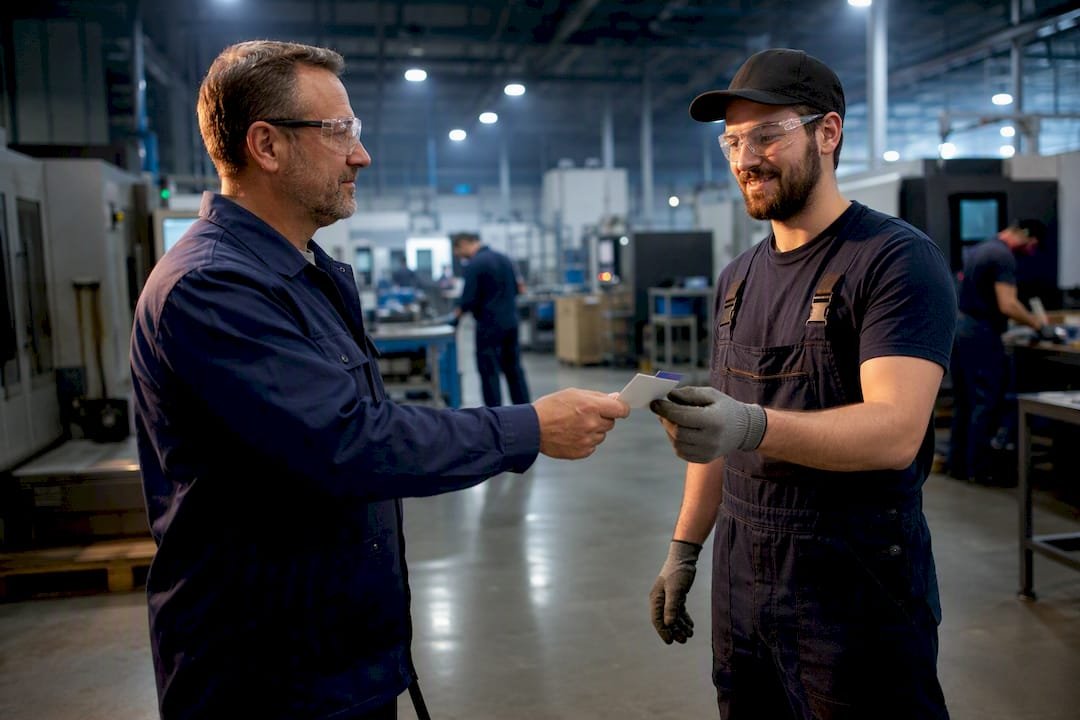 Supervisor presenting safety recognition to worker