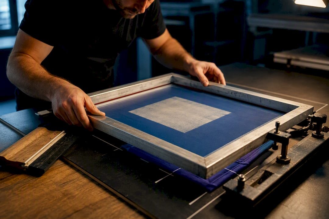 Technician aligning screen-printing setup materials