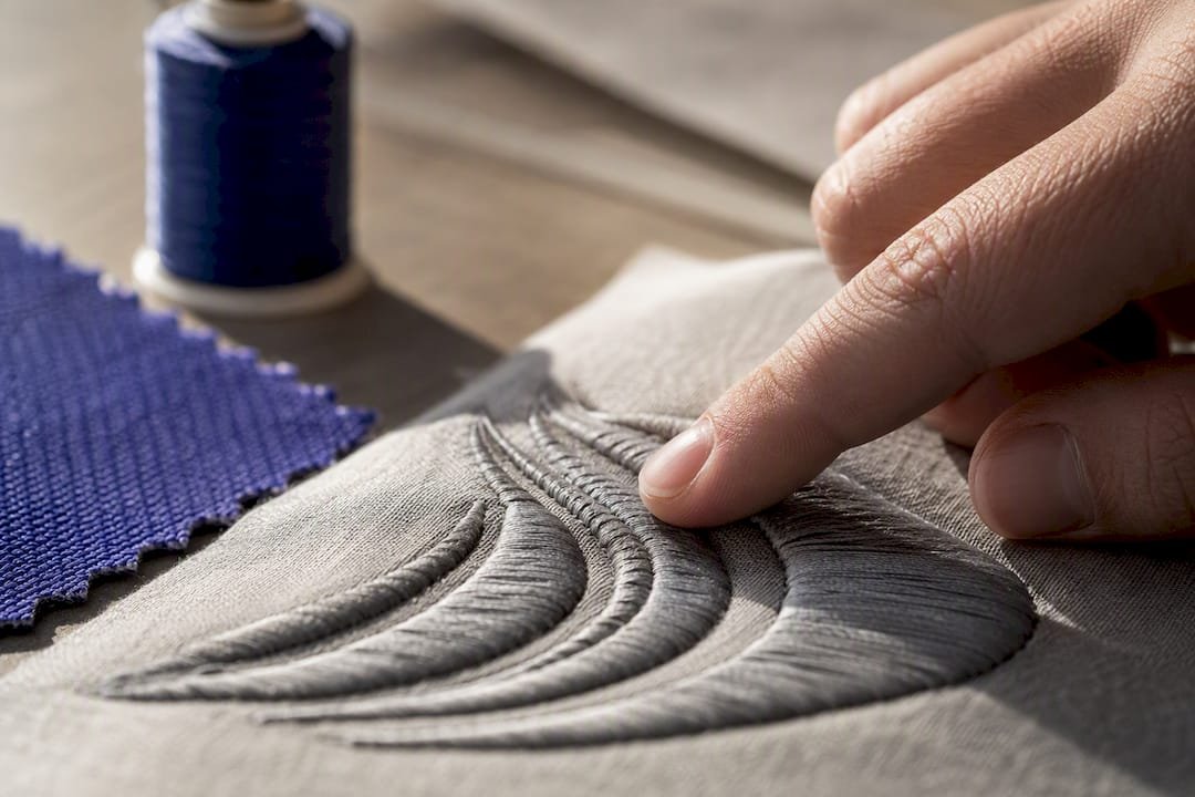 Hand checking embroidery on a fabric sample