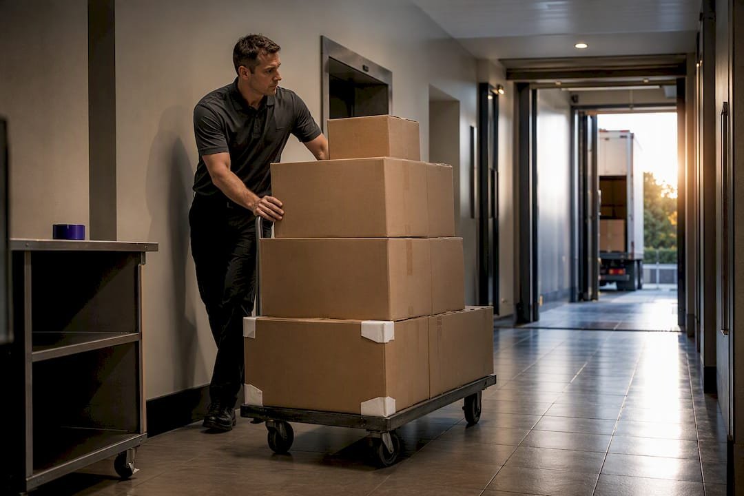 Anonymous cartons entering hotel receiving area