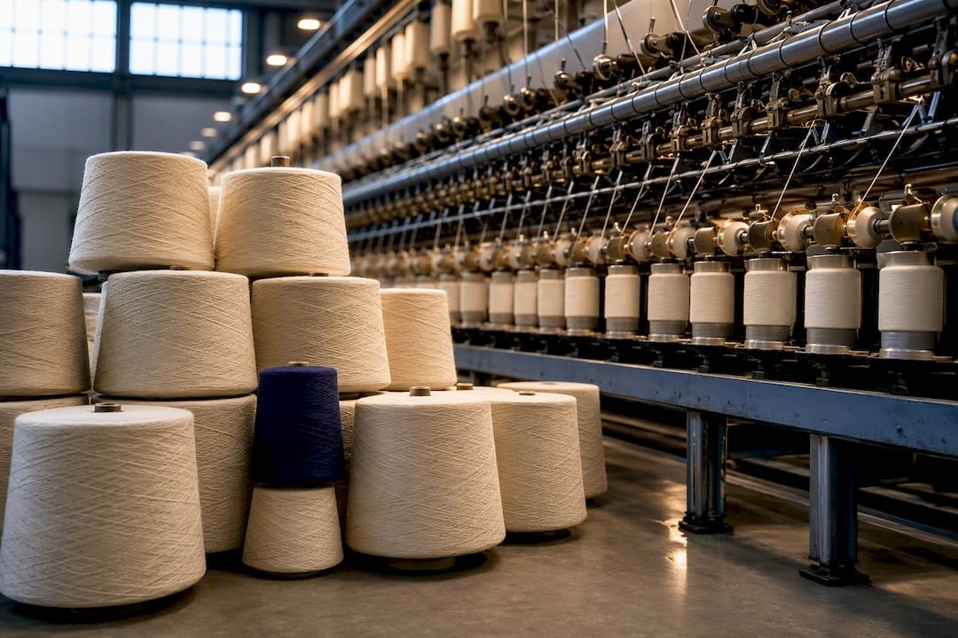 Cotton yarn cones beside spinning machinery