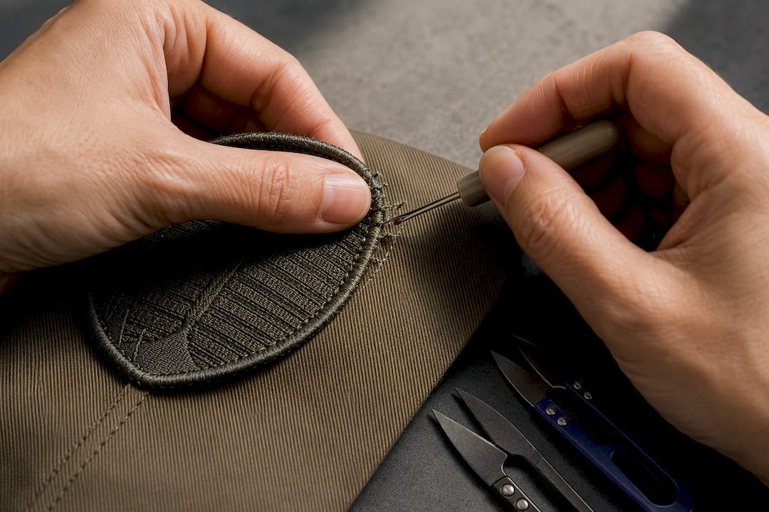 Hands removing stitches from textile patch