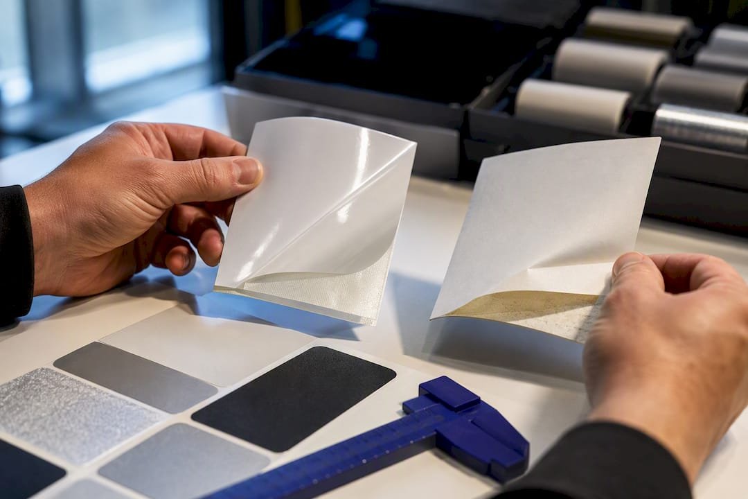 Vinyl and paper sticker material samples compared