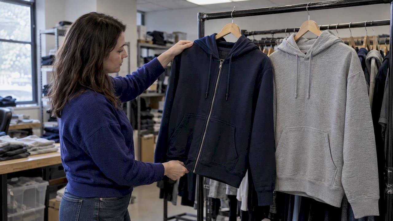 Buyer comparing zip and pullover hoodies