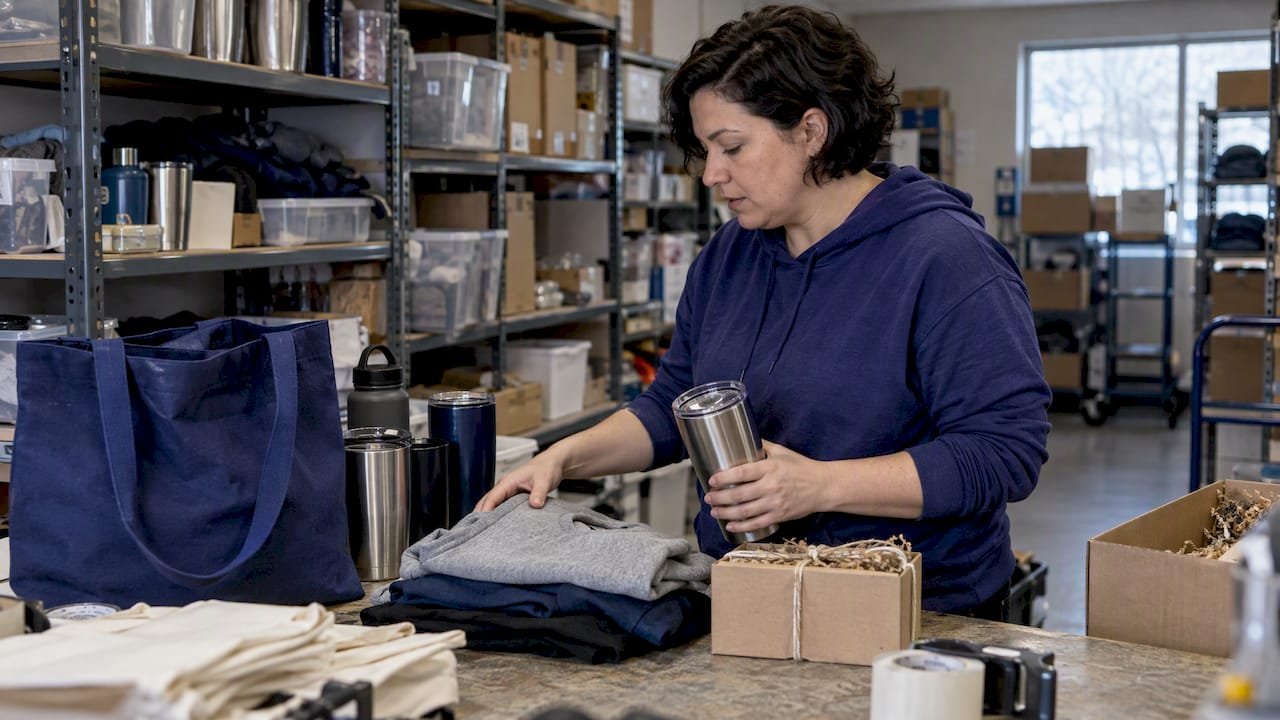 Coordinator sorting volunteer appreciation gifts