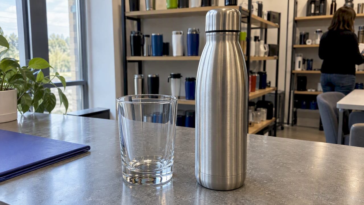 Glass tumbler and steel bottle compared