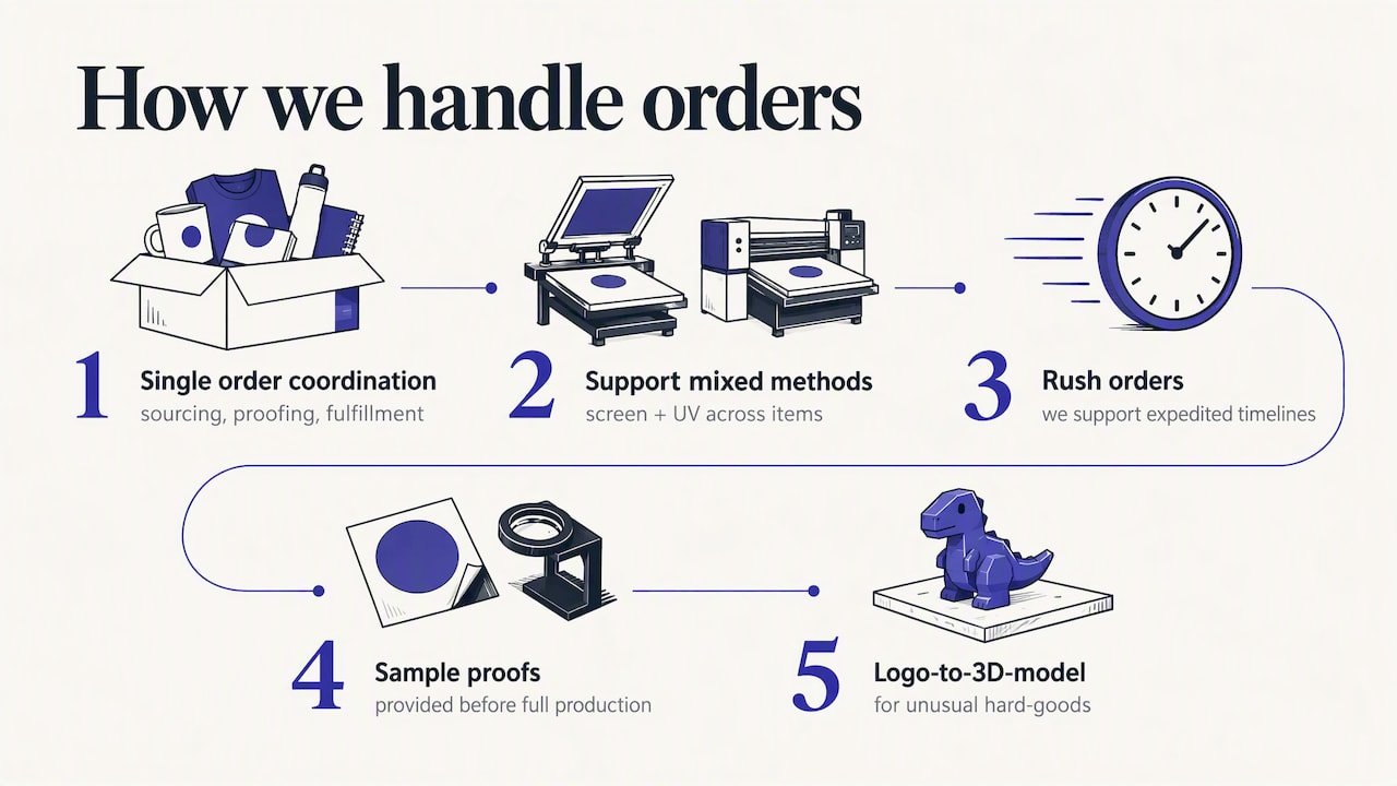 How we handle both UV and screen printed swag orders — overview diagram