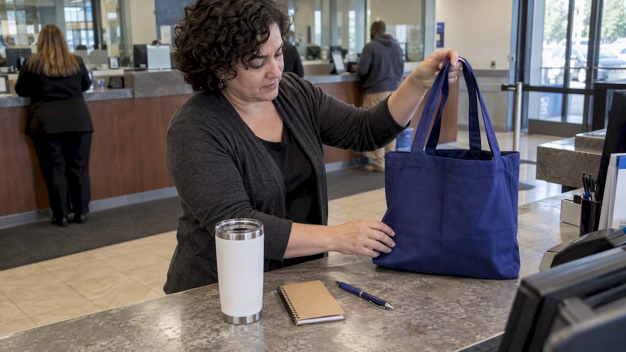 Bank giveaway items being compared at a counter