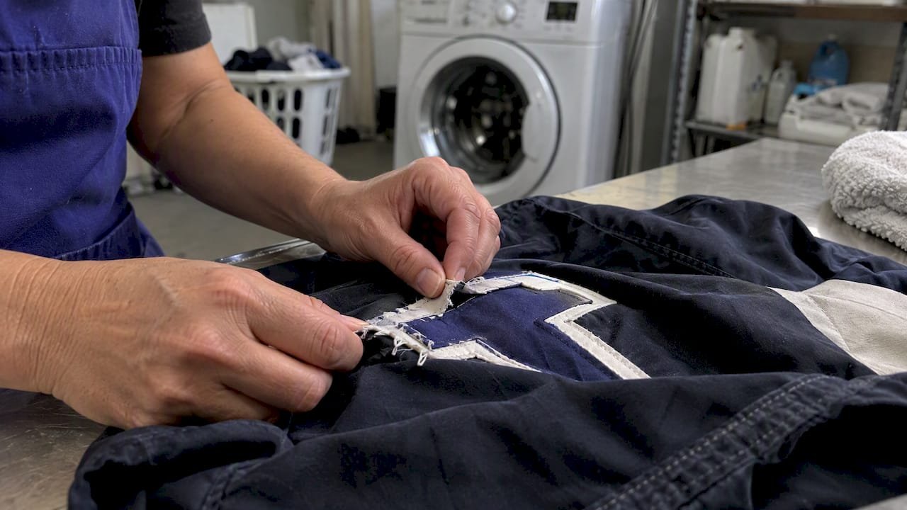 Slightly frayed appliqué edge on a jacket