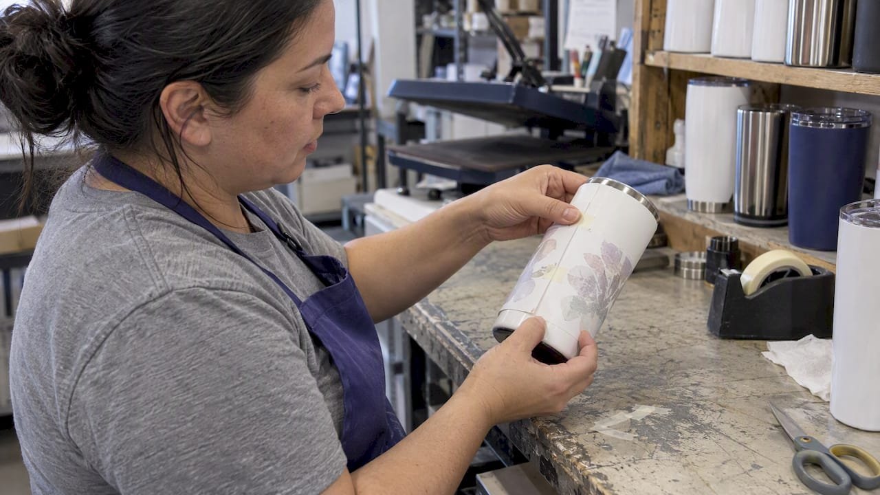 Worker aligning transfer paper on tumbler
