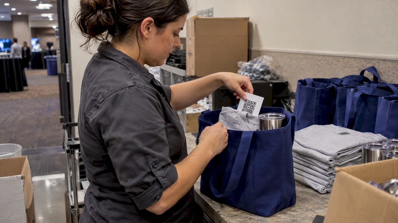 Coordinator places QR insert into event swag tote