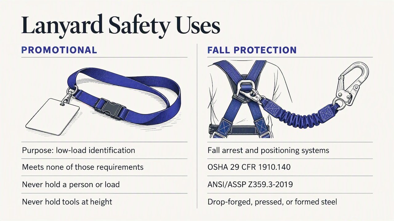 Promotional lanyards are not fall protection lanyards — overview diagram