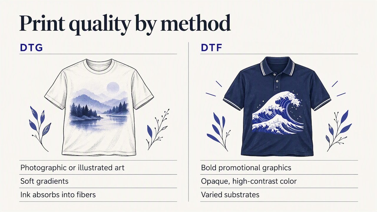 DTG and DTF strengths by artwork and fabric