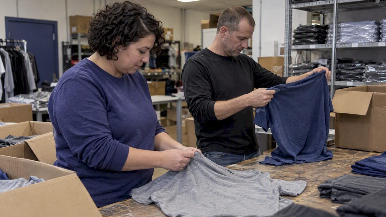 Buyer comparing tri-blend and cotton shirts